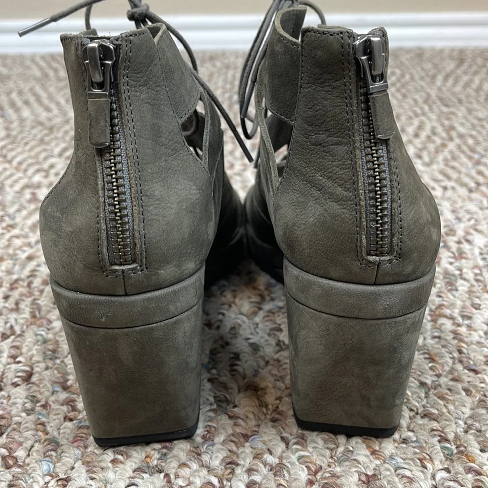 EILEEN FISHER DIBS GREY SUEDE LEATHER LACE-UP WEDGE SANDALS